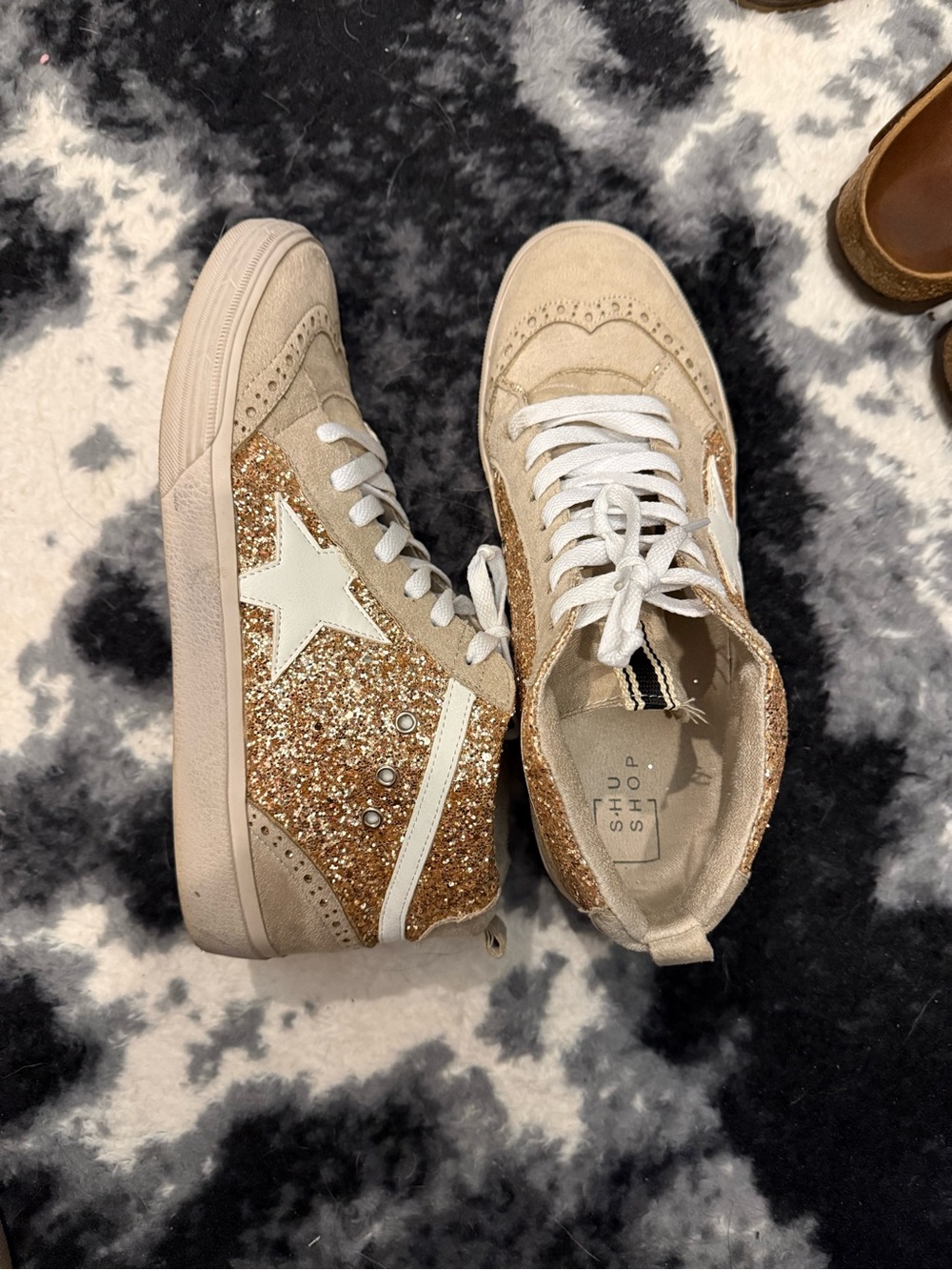 ShuShop Gold Glitter High-Top Sneakers with White Star